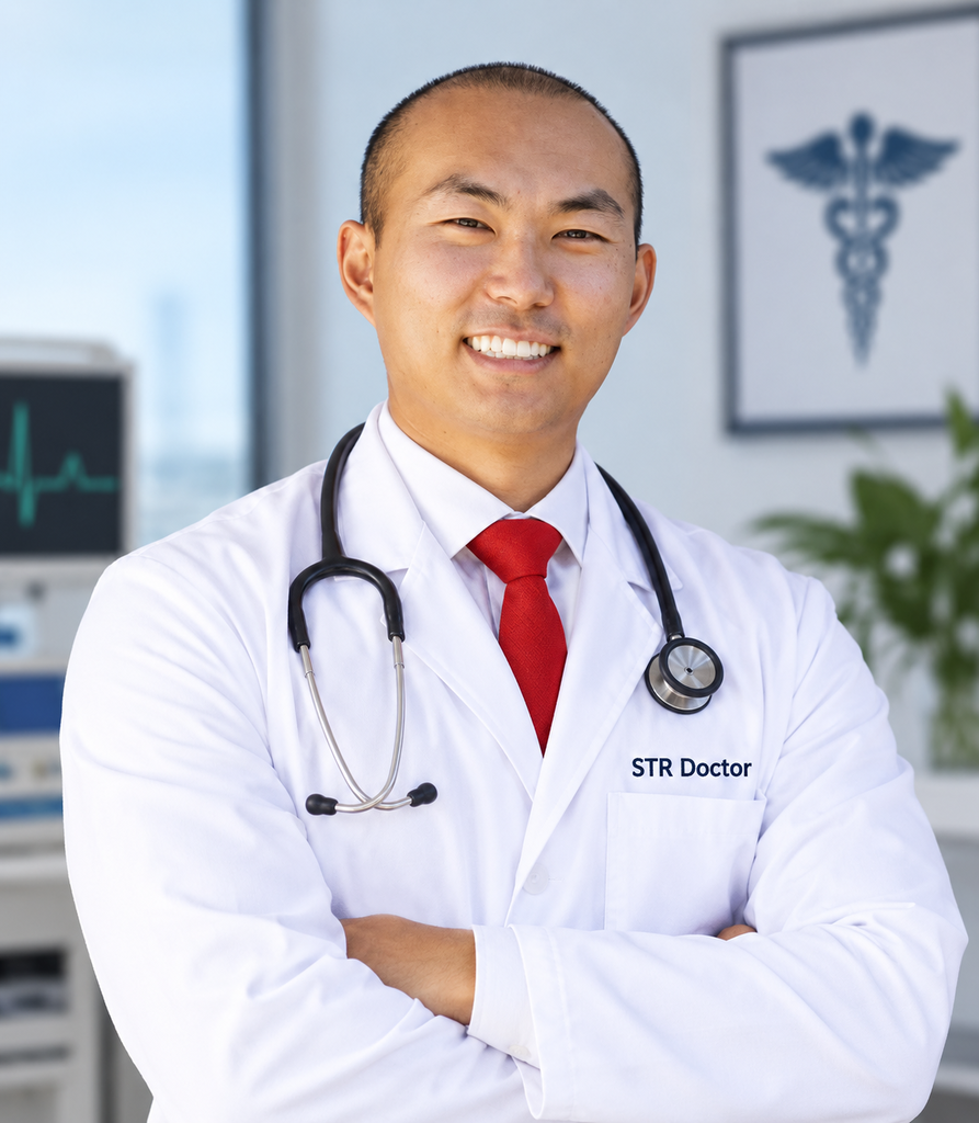 Peter Zhang smiling in a white coat and red tie as The STR Doctor